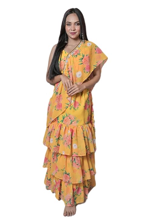 MINAAKSHIGANGAA Women's Stiched Printed Lehenga Saree