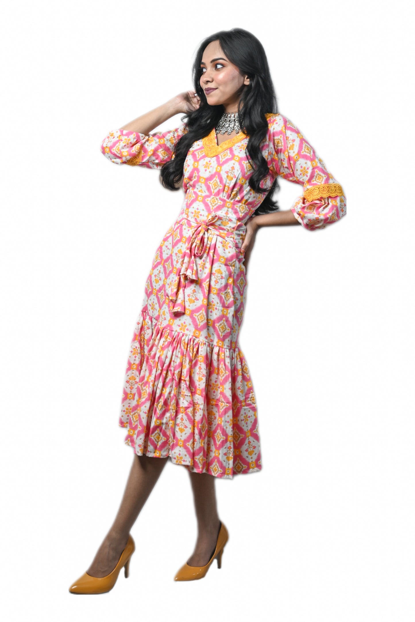 geomatrical orange printed middi dress