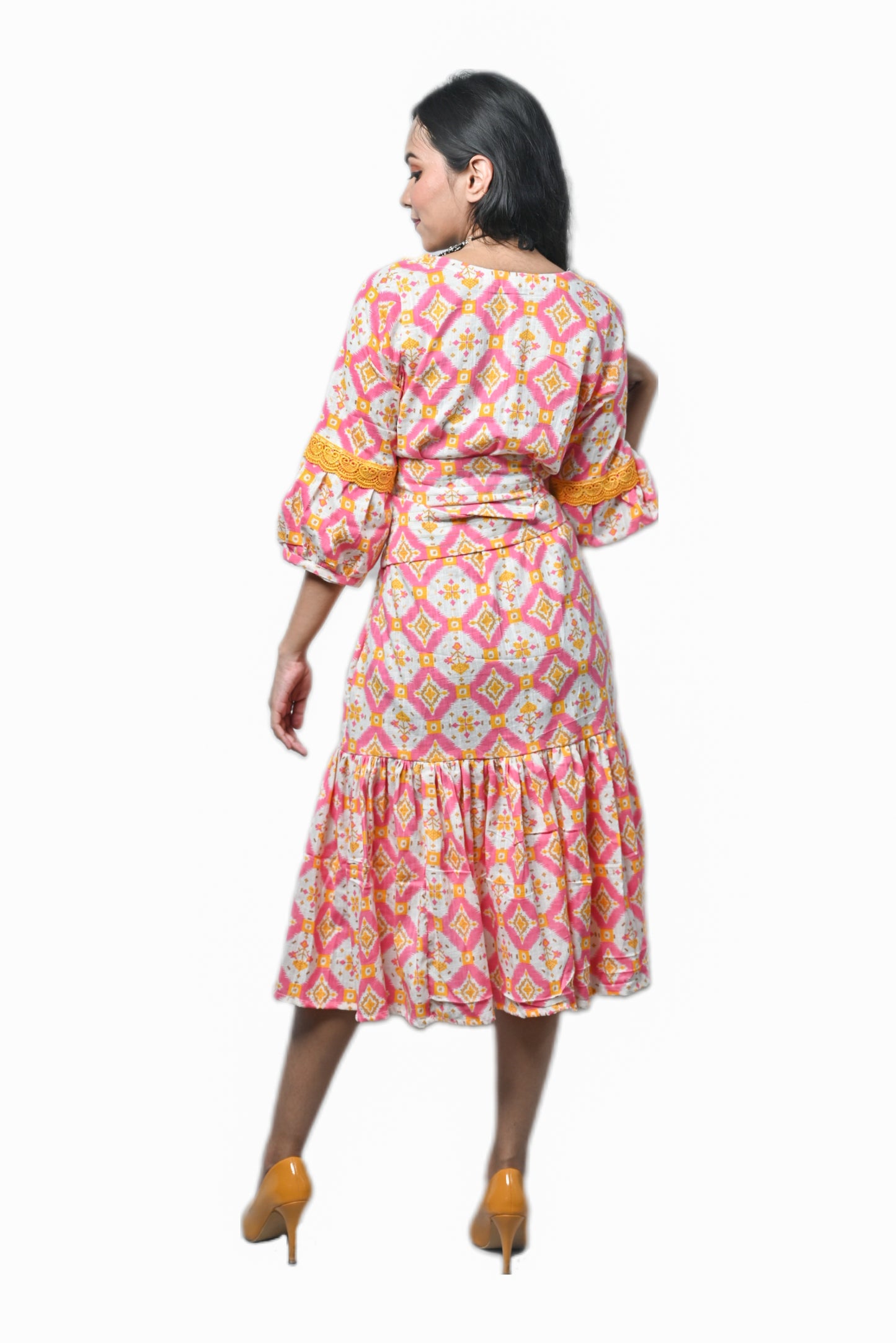 geomatrical orange printed middi dress